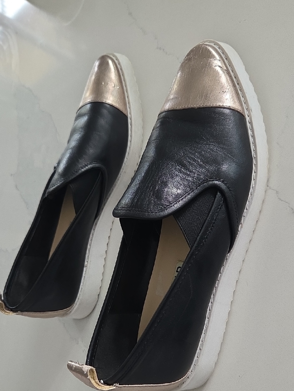Karl Lagerfeld Black Slip-On Flats with Metallic Gold Toe